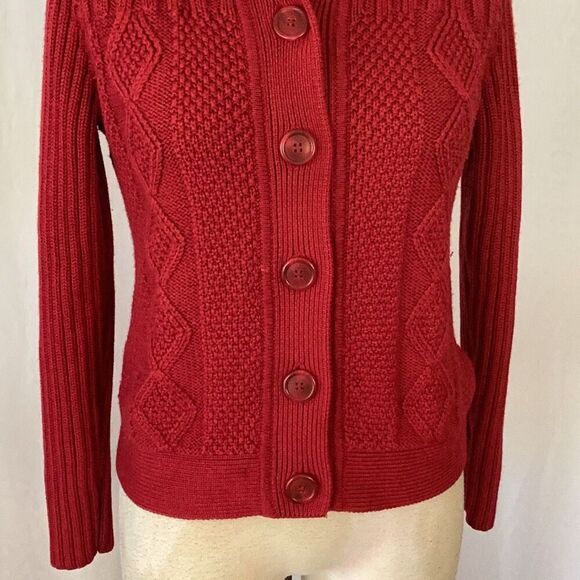 L.L. Bean Women's Signature Fisherman Sweater Cardigan Small Red Cable Knit - Picture 4 of 8